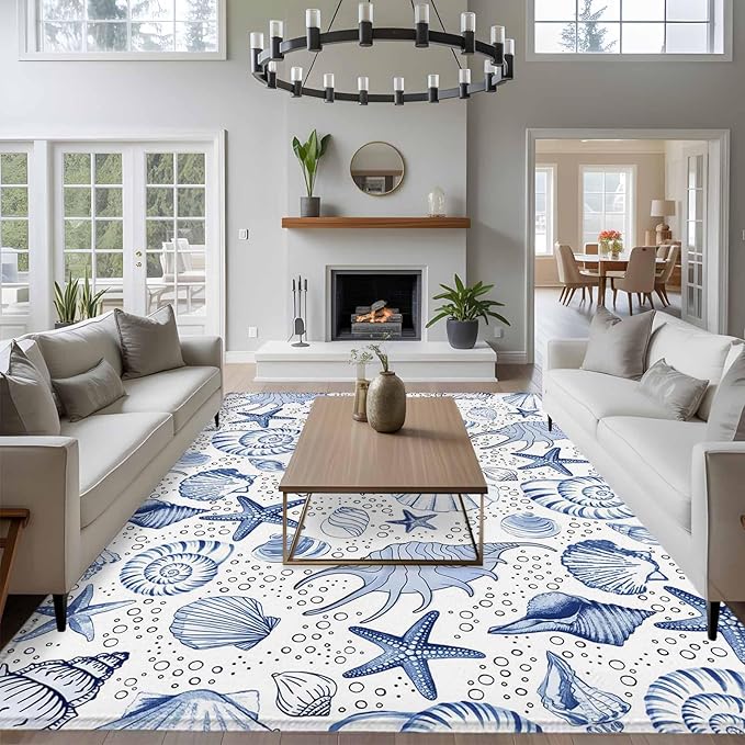 Area Rug 6x9ft, Navy Blue Starfish Conch Shell Seamless Washable Rugs for Living Room Bedroom, Summer Ocean Bubbles Soft Non-Slip Area Rugs Rectangle Floor Carpet for Dining Room