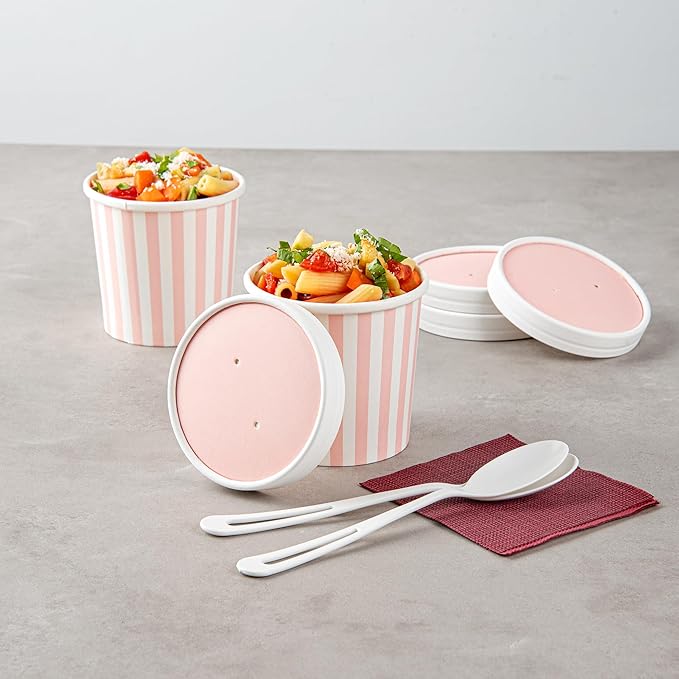 Restaurantware-LIDS ONLY: Soup Container Lids, 200 Disposable Bowl Covers For 12 Ounce Soup Containers - Containers Sold Separately, Vented, Pink And White Container Lid, Striped, Round,