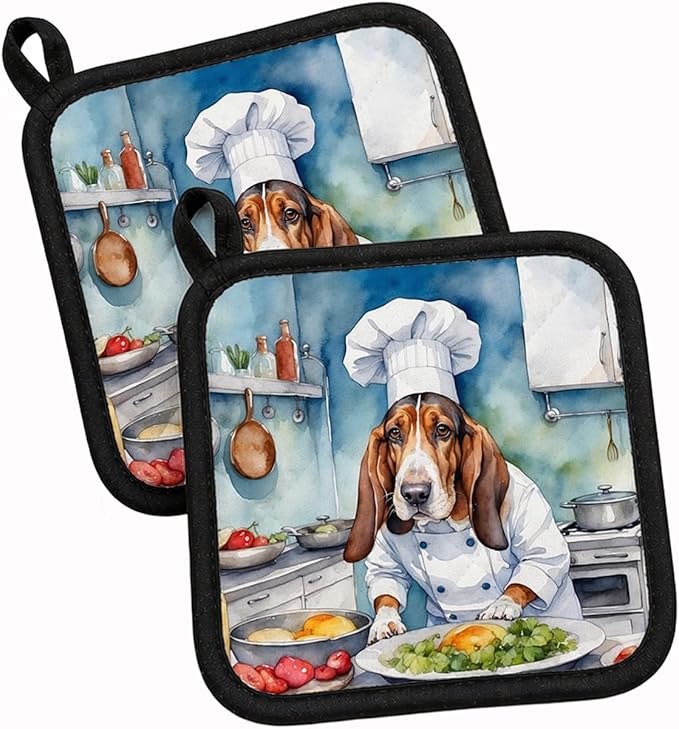 Caroline's Treasures Basset Hound The Chef Pair of Pot Holders Kitchen Heat Resistant Pot Holders Sets Oven Hot Pads for Cooking Baking BBQ, 7 1/2 x 7 1/2