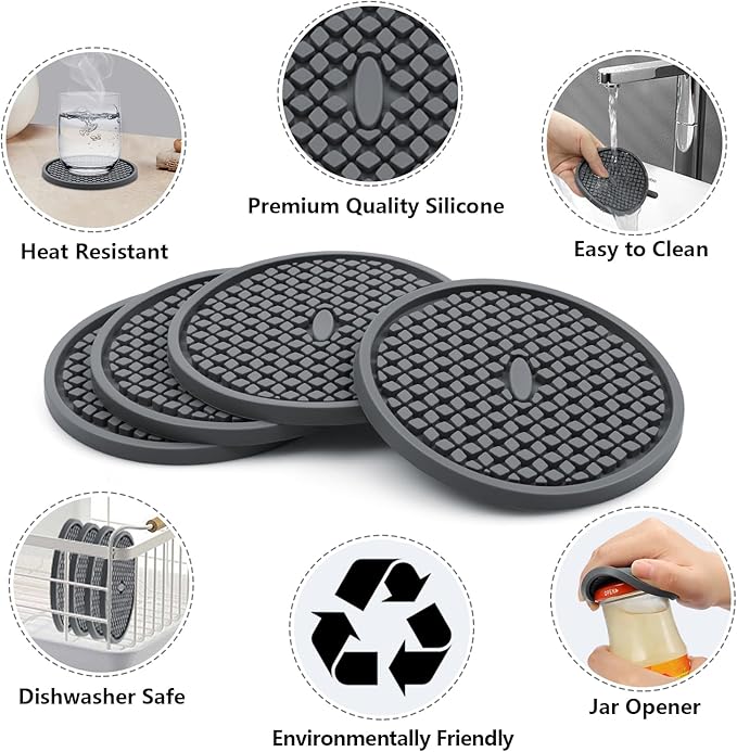 Silicone Coasters for Drinks, Non‑Slip Spill‑Proof Heat Resistant Drink Coasters 2-Piece Set, Reusable Washable Table Protection for Home Decor Kitchen Office, Bar(2Pack,Gray)