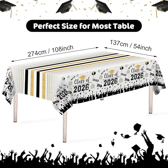 Graduation Decorations Class of 2026 Tablecloth - 3 Pcs Plastic Congrats Grad Table Cloth, Graduation Table Cover for Graduation Party Decorations 2026 and Party Supplies, 54"x108" (Black and Gold)
