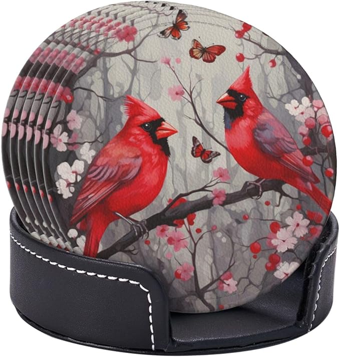 Famame 6 Pcs Butterflies Birds Cherry Leather Coasters for Drinks with Holder Coaster Sets Drink Table Cup Coasters for Living Room Kitchen Coffee Decor