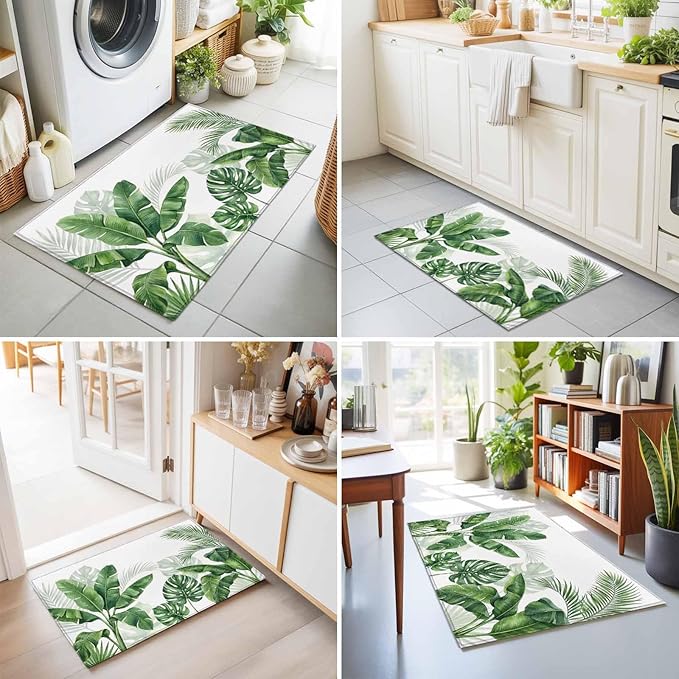 Area Rug 2x3ft, Watercolor Green Tropical Leaves Washable Rugs for Living Room Bedroom, Botanical Palm Leaf Plants Soft Non-Slip Area Rugs Rectangle Floor Carpet for Dining Room