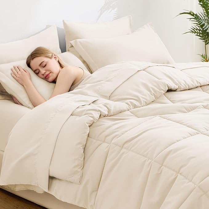 Love's cabin Twin Comforter Set Beige, 5 Pieces Twin Bed in a Bag, All Season Bedding Sets with 1 Comforter, 1 Flat Sheet, 1 Fitted Sheet, 1 Pillowcase and 1 Pillow Sham | Soft, Breathable, Lightweight, Comfortable
