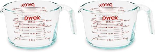 Pyrex 4-Cup Glass Measuring Cup For Baking and Cooking, Dishwasher, Freezer, Microwave, and Preheated Oven Safe, Essential Kitchen Tools (Pack of 2)