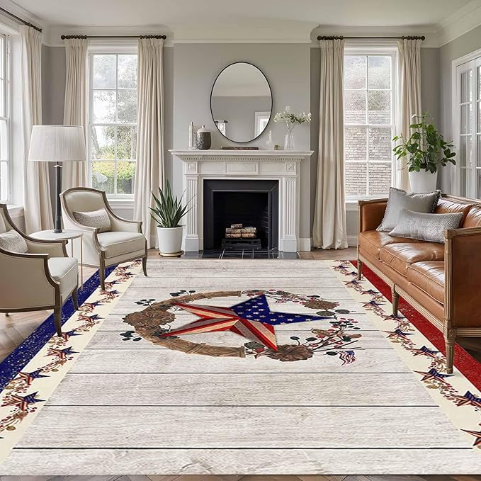 Area Rug 6x9ft, Retro USA Flag Star and Berry Washable Rugs for Living Room Bedroom, Wooden Texture Soft Non-Slip Area Rugs Rectangle Floor Carpet for Dining Room