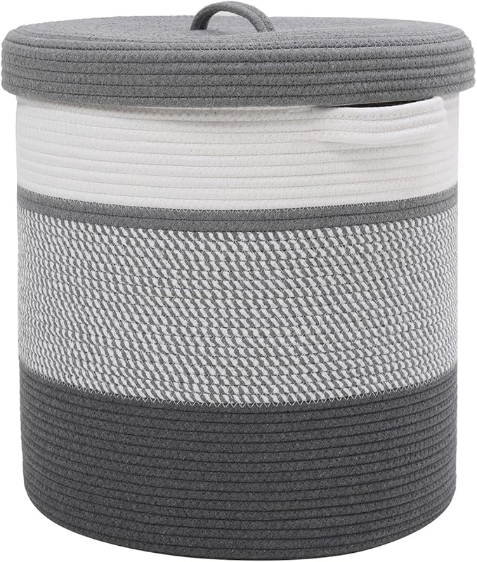 16" x 16" x 18" Extra Large Storage Basket with Lid, Cotton Rope Storage Baskets, Laundry Hamper, Cloth Bin, for Clothes Towels Blankets Pillows Storage in Living Room, White/Grey Mix/Dark Grey