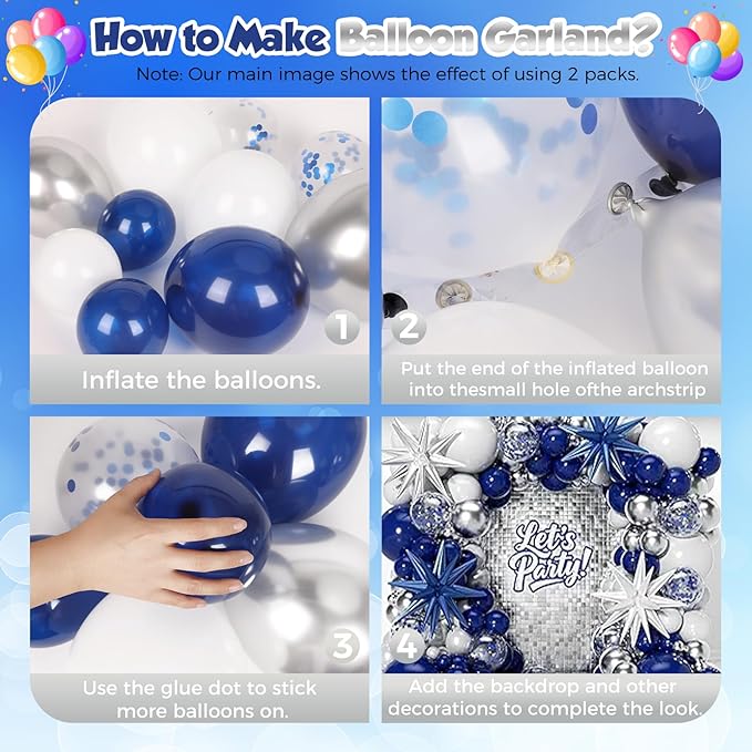 153Pcs Navy Blue and Silver Balloons Garland Arch Kit with Stars -22 18 12 10 5 inch Different Size Royal Blue White Silver Latex Balloon for Birthday Baby Shower Anniversary Party Decorations