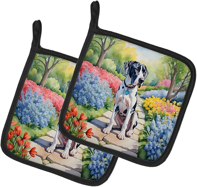 Caroline's Treasures Great Dane Spring Path Pair of Pot Holders Kitchen Heat Resistant Pot Holders Sets Oven Hot Pads for Cooking Baking BBQ, 7 1/2 x 7 1/2