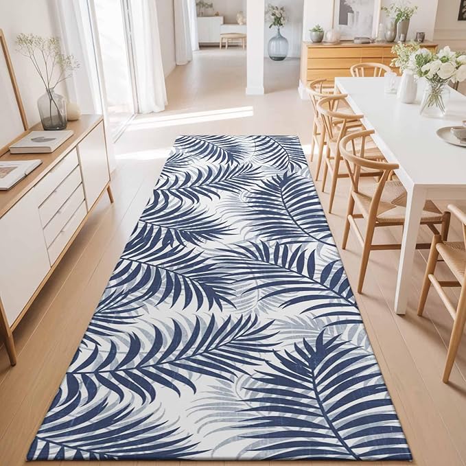 Runner Rug for Bedroom Hallway, Abstract Navy Blue Palms Leaves Kitchen Runner Rugs Area Rug 2x6ft, Summer Botantical Washable Soft Floor Carpet for Entryway Stair