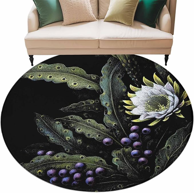 Washable Round Area Rug Watercolor Flower Berry Leaves Circle Rugs Floor Carpet for Living Room Bedroom, Botanical Plant Dark Style Soft Non Slip Round Rug 5ft