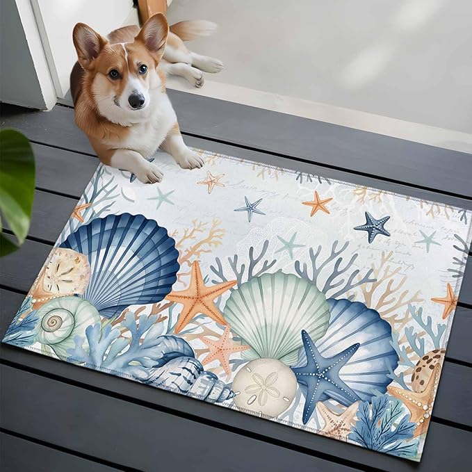 Area Rug 2x3ft, Underwater Shells Starfish on Blue Washable Rugs for Living Room Bedroom, Colorful Coral Soft Non-Slip Area Rugs Rectangle Floor Carpet for Dining Room