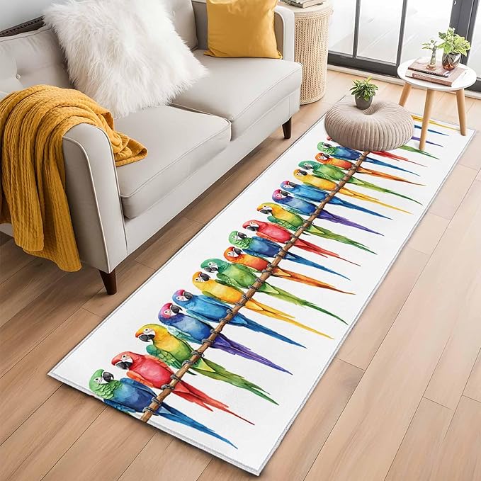Runner Rug for Bedroom Hallway, Funny Watercolor Parrot Kitchen Runner Rugs Area Rug 2x6ft, Red Green Blue Gradient Bird Washable Soft Floor Carpet for Entryway Stair