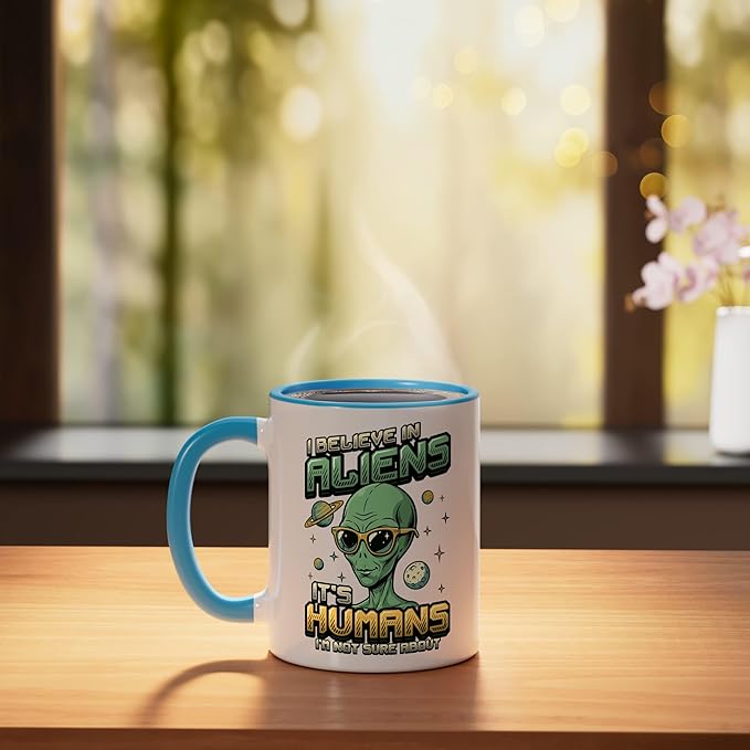 Alien Believer UFO Extraterrestrial Space Lover Ceramic Mug, Blue/White