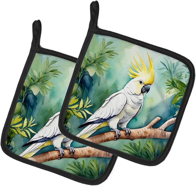 Caroline's Treasures Sulphurcrested Cockatoo Pair of Pot Holders Kitchen Heat Resistant Pot Holders Sets Oven Hot Pads for Cooking Baking BBQ, 7 1/2 x 7 1/2