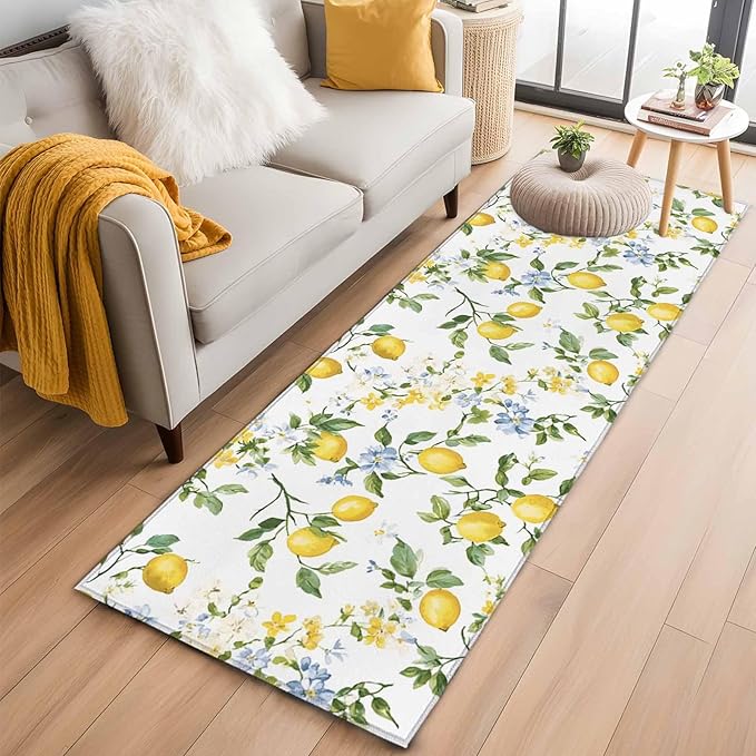 Runner Rug for Bedroom Hallway, Summer Watercolor Lemon Flower Kitchen Runner Rugs Area Rug 2x6ft, Spring Farm Fruit Green Leaf Washable Soft Floor Carpet for Entryway Stair