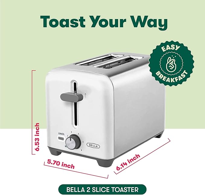 BELLA 2 Slice Toaster, Quick & Even Results Every Time, Wide Slots Fit Any Size Bread Like Bagels or Texas Toast, Drop-Down Crumb Tray for Easy Clean Up, Stainless Steel and White