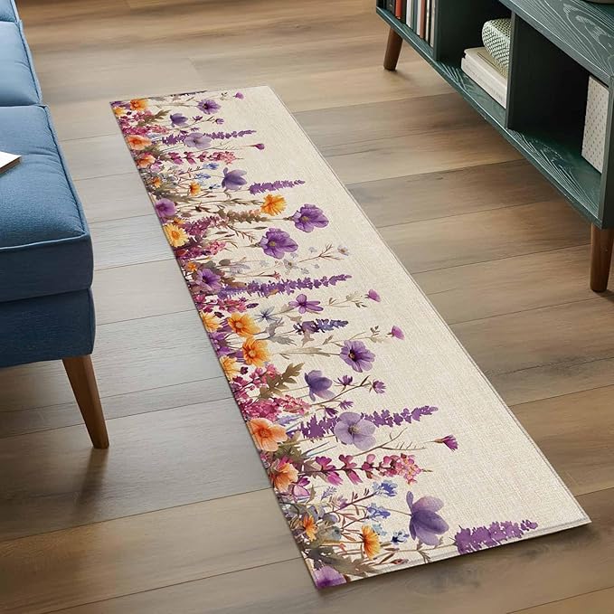 Runner Rug for Bedroom Hallway, Country Flower Purple Lavender Plant Kitchen Runner Rugs Area Rug 2x6ft, Retro Linen Washable Soft Floor Carpet for Entryway Stair