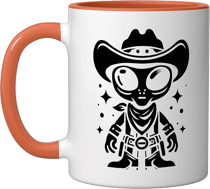 Alien Lover Flying Saucer UFO Extraterrestrial Cowboy Ceramic Mug, Orange/White