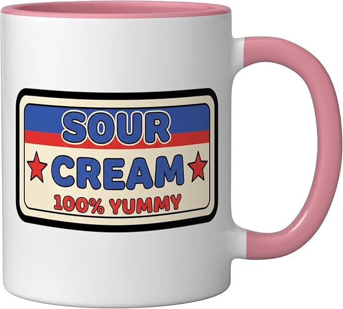 Sour Cream 100% Yummy Retro Food Label Vintage Snack Ceramic Mug, Pink/White