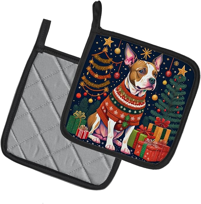 Caroline's Treasures Pit Bull Terrier Christmas Pair of Pot Holders Kitchen Heat Resistant Pot Holders Sets Oven Hot Pads for Cooking Baking BBQ, 7 1/2 x 7 1/2