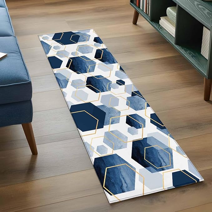 Runner Rug for Bedroom Hallway, Watercolor Blue Hexagon Kitchen Runner Rugs Area Rug 2x6ft, Abstract Geometric Art Washable Soft Floor Carpet for Entryway Stair