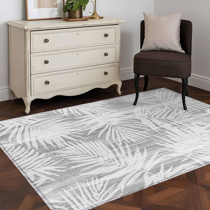 Area Rug 4x6ft, Modern Gray Palm Leaves Washable Rugs for Living Room Bedroom, Boho Tropical Leaves Soft Non-Slip Area Rugs Rectangle Floor Carpet for Dining Room