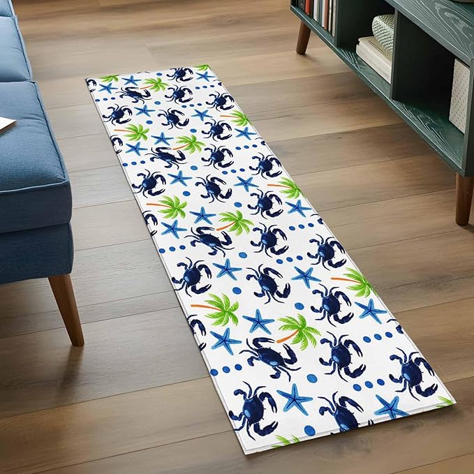 Runner Rug for Bedroom Hallway, Abstract Blue Crab Starfish Kitchen Runner Rugs Area Rug 2x6ft, Watercolor Palm Tree Washable Soft Floor Carpet for Entryway Stair