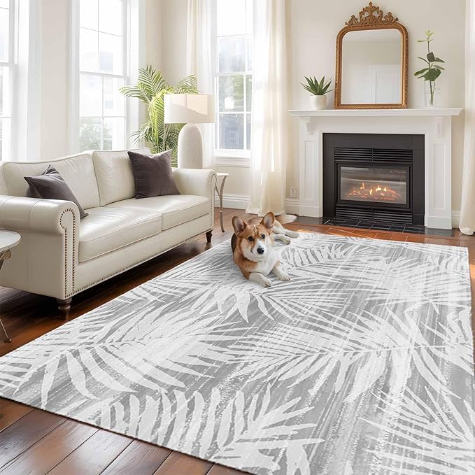 Area Rug 8x10ft, Modern Gray Palm Leaves Washable Rugs for Living Room Bedroom, Boho Tropical Leaves Soft Non-Slip Area Rugs Rectangle Floor Carpet for Dining Room