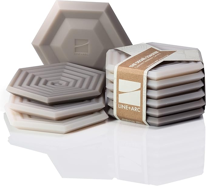 LINE+ARC Extra Thick Silicone Coasters Waterproof Anti-Stain Heat-Safe Dishwasher-Safe Degrē Coasters Original (Set of 6, Sandstone) Outdoor Rubber Mid-Century Modern