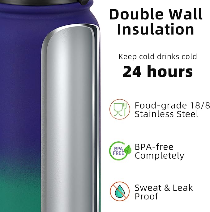 Fanhaw 40 oz Insulated Stainless Steel Water Bottle with Straw Lid, Leakproof Extra-Large Sports Bottle for Men & Women (Purple Green)