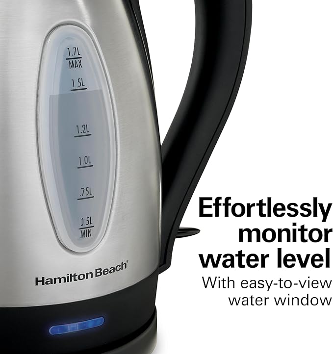 Hamilton Beach Electric Tea Kettle,Water Boiler & Heater,1.7 Liter,Cordless Serving,1500 Watts for Fast Boiling,Auto-Shutoff and Boil-Dry Protection,Stainless Steel (40880),(Pack of 2)