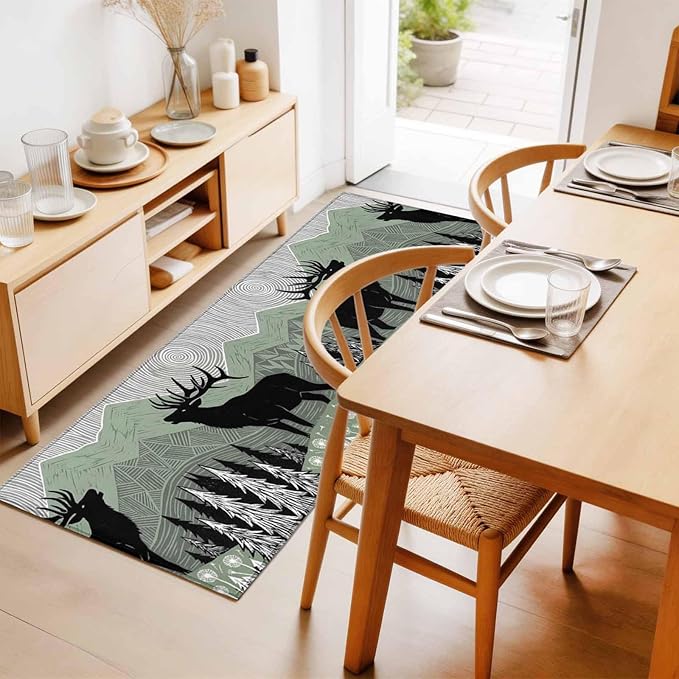 Runner Rug for Bedroom Hallway, Black Wildlife Elk Kitchen Runner Rugs Area Rug 2x6ft, Bohemian Green Mountain Peaks Washable Soft Floor Carpet for Entryway Stair
