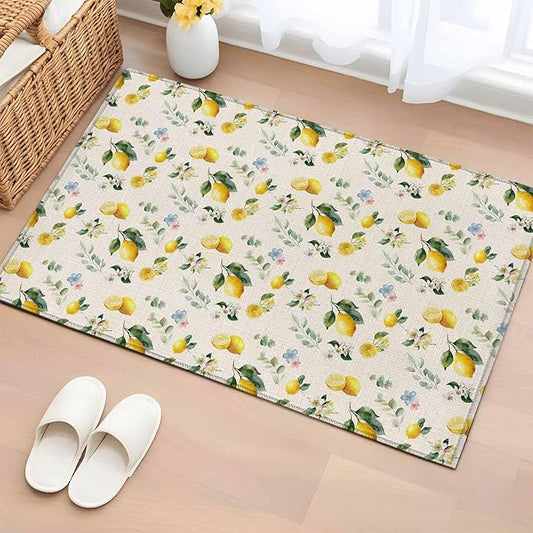 Area Rug 2x3ft, Country Lemon Flower Leaf Washable Rugs for Living Room Bedroom, Pastoral Fruit Plant Vintage Linen Soft Non-Slip Area Rugs Rectangle Floor Carpet for Dining Room
