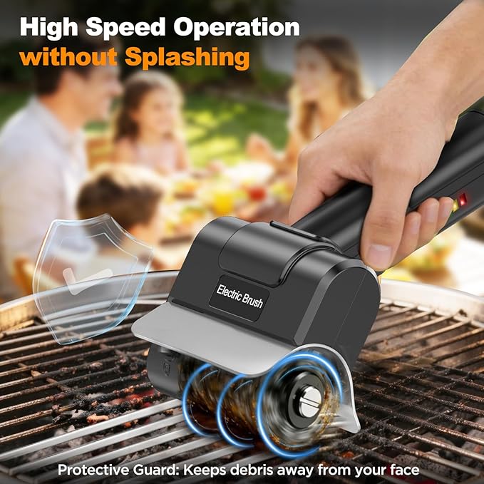 Electric Grill Brush with Dual Safety Lock - 2026 TikTok Ideal Gift for Men Dad Husband, Professional BBQ Cleaner with Submersible 304 SS Head, Splash-Proof Scrubber for Grill (Orange Button)