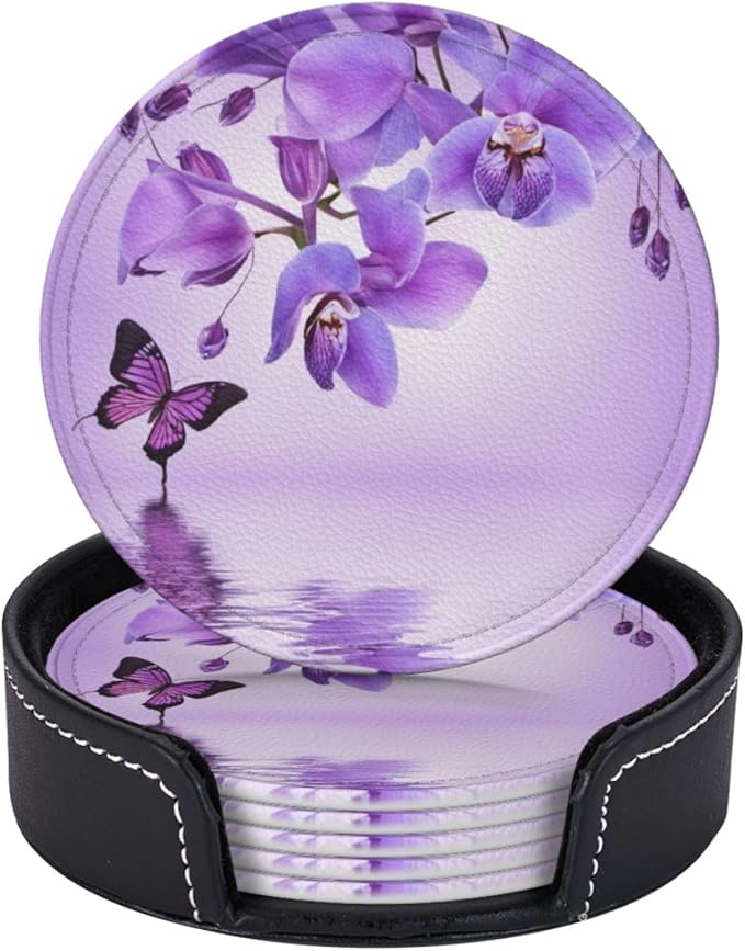 Famame 6 Pcs Orchid Purple Butterfly Leather Coasters for Drinks with Holder Coaster Sets Drink Table Cup Coasters for Living Room Kitchen Coffee Decor