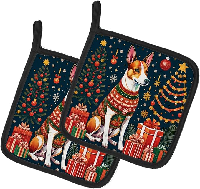 Caroline's Treasures Basenji Christmas Pair of Pot Holders Kitchen Heat Resistant Pot Holders Sets Oven Hot Pads for Cooking Baking BBQ, 7 1/2 x 7 1/2