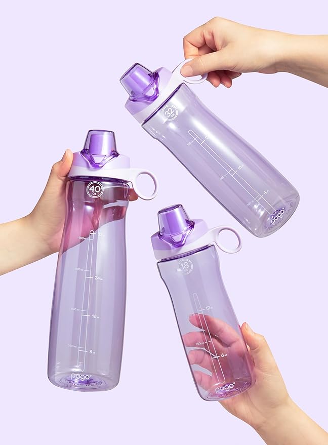 Pogo Plastic Water Bottle with Chug Lid and Carry Handle, Reusable, BPA Free, Dishwasher Safe, Perfect for Travel, School, Outdoors, and Gym | 18oz, 32oz, 40oz, 64oz