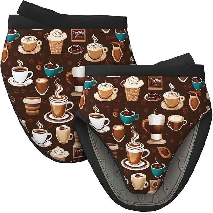 2 Pcs Mini Silicone Oven Mitts Cartoon Coffee Heat Resistant Grilling Gloves with Hanging Loop, Short Kitchen Mittens for Cooking Baking BBQ