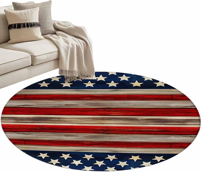 Washable Round Area Rug Vintage Stripes and Stars Circle Rugs Floor Carpet for Living Room Bedroom, Patriotic 250th Anniversary Soft Non Slip Round Rug 3ft