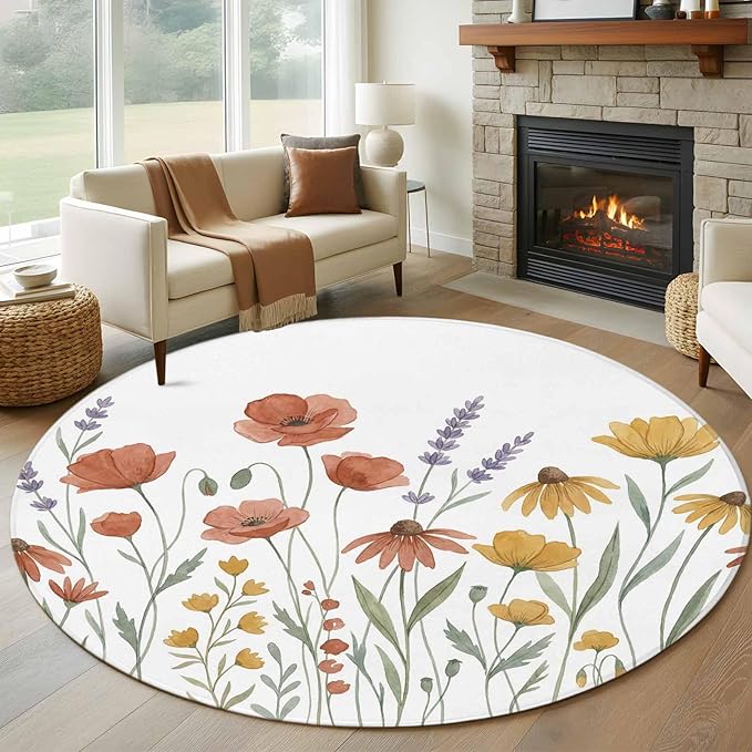Washable Round Area Rug Watercolor Daisies Lavender Circle Rugs Floor Carpet for Living Room Bedroom, Country Floral Art Soft Non Slip Round Rug 5ft