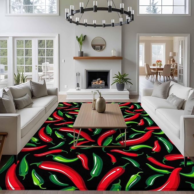 Area Rug 6x9ft, Spicy Chili Pepper Pattern Washable Rugs for Living Room Bedroom, Red Green Peppers on Black Soft Non-Slip Area Rugs Rectangle Floor Carpet for Dining Room