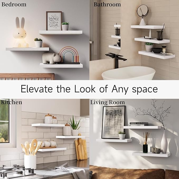 BAYKA White Floating Shelves for Wall Set of 3, Rustic Wood Wall Shelves with Metal Brackets for Bathroom, Bedroom, Kitchen, or Living Room Decor Organization, Sturdy Storage with 22lb Capacity