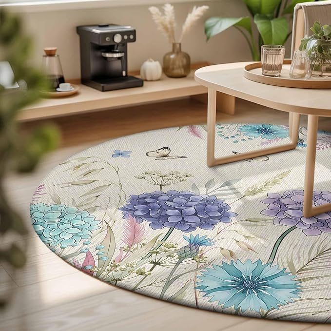 Washable Round Area Rug Farm Blossom Floral Hydrangea Circle Rugs Floor Carpet for Living Room Bedroom, Watercolor Butterfly on Linen Soft Non Slip Round Rug 3ft