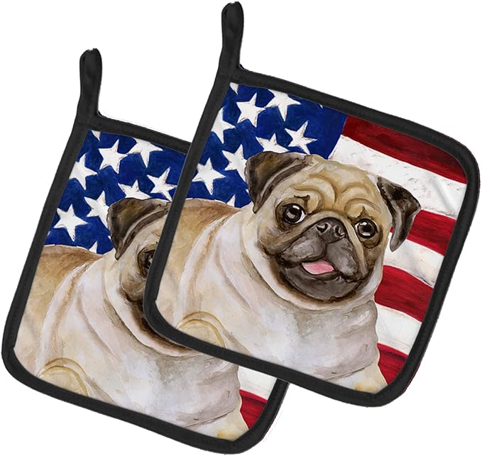 Caroline's Treasures BB9718PTHD Fawn Pug Patriotic Pair of Pot Holders Kitchen Heat Resistant Pot Holders Sets Oven Hot Pads for Cooking Baking BBQ, 7 1/2 x 7 1/2