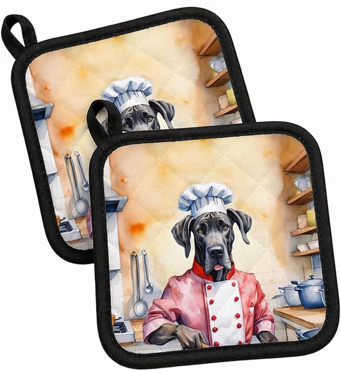 Caroline's Treasures Great Dane The Chef Pair of Pot Holders Kitchen Heat Resistant Pot Holders Sets Oven Hot Pads for Cooking Baking BBQ, 7 1/2 x 7 1/2