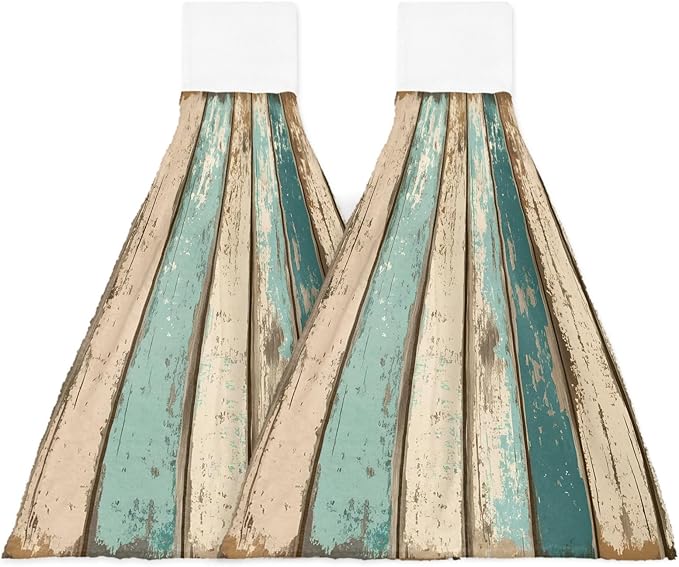 Alandar Home Kitchen Tie Towel Set of 2, Farm Brown Wood Board Retro Absorbent Soft Hand Towels for Bathroom Hanging Towels, Farm Shabby Wood Grain Fast Drying Cleaning Cloth with Loop