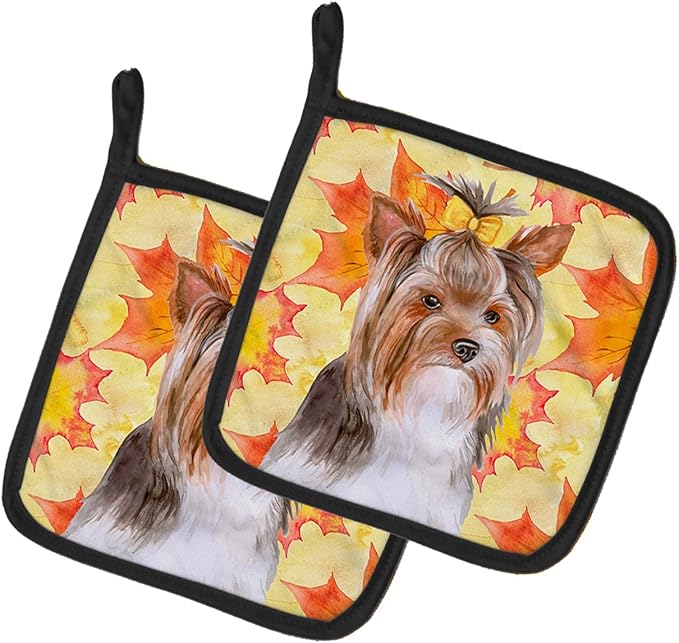 Caroline's Treasures BB9984PTHD Yorkshire Terrier #2 Fall Pair of Pot Holders, Yellow Kitchen Heat Resistant Pot Holders Sets Oven Hot Pads for Cooking Baking BBQ, 7 1/2 x 7 1/2