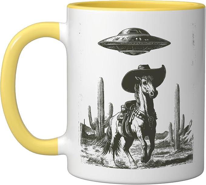 Funny Alien UFO Cowboy Horse Desert Cactus Western Graphic Ceramic Mug, Yellow/White