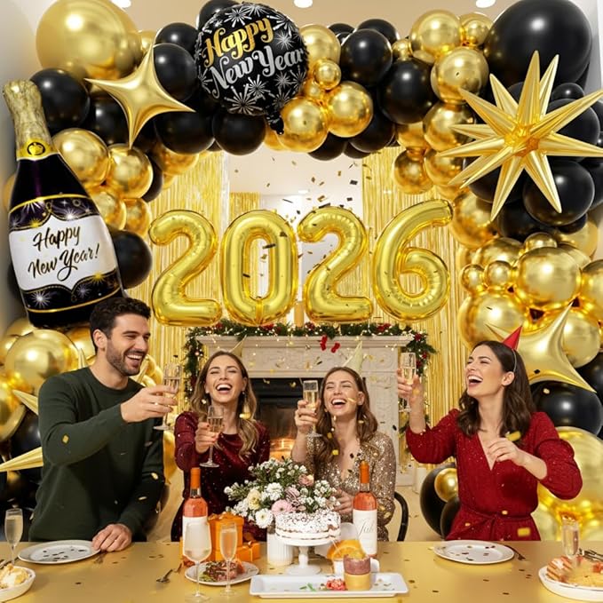 Black and Gold Balloons Garland Arch Kit - Different Size Balloons Gold Fringe Curtain Backdrop for Graduation Birthday Anniversary New Years Theme Party Decorations